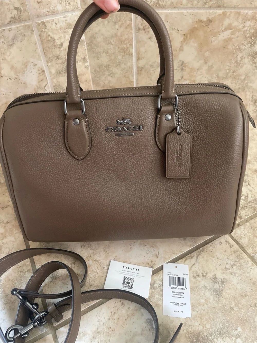 Coach Rowan Large Satchel Bag Crossbody In Leather Dark Stone CV960 NWT